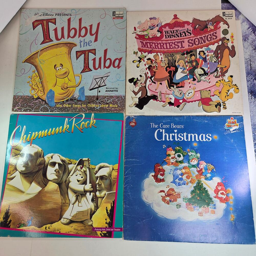 4 Vintage Classic Kids Records Lot: Disney, Chipmunks, Care Bears